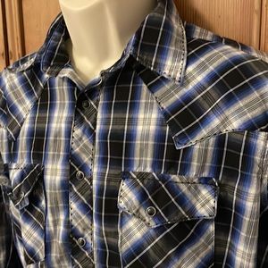Vintage Wranlger Shirt Mens medium Western Pearl Snaps blue Button-Front